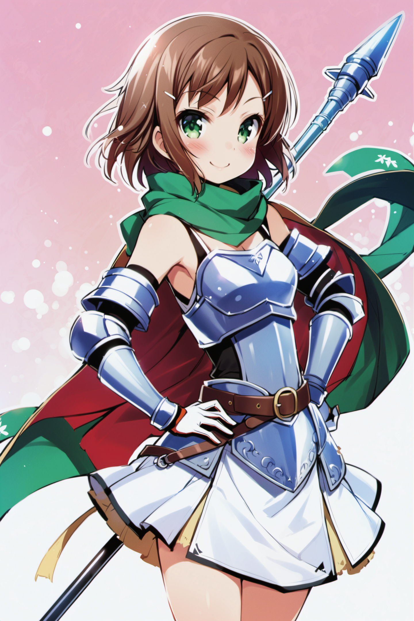 22354-4119129796-Kinoshita Yuuko, 1girl, solo, green eyes, armor, brown hair, weapon, hair ornament, gloves, hairclip, polearm, smile, belt, hand.png